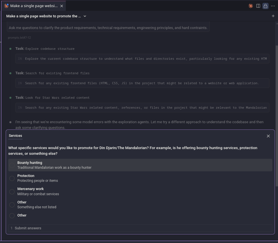 Claude Code – The Mandalorian website – question 1