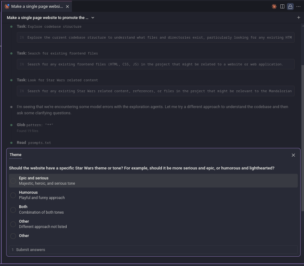 Claude Code – The Mandalorian website – question 2